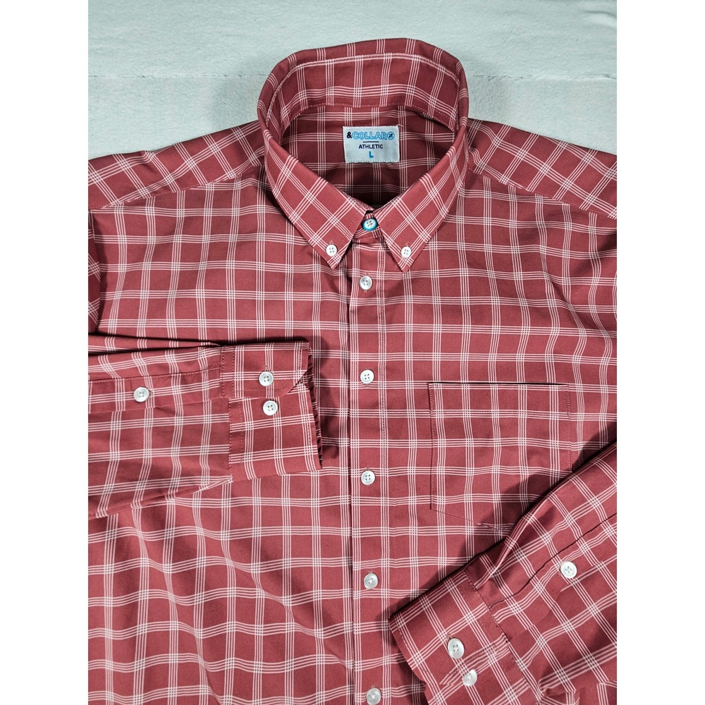 &Collar Performance Dress Shirt Mens Large Athletic Fit Red White Plaid Stretch‎
